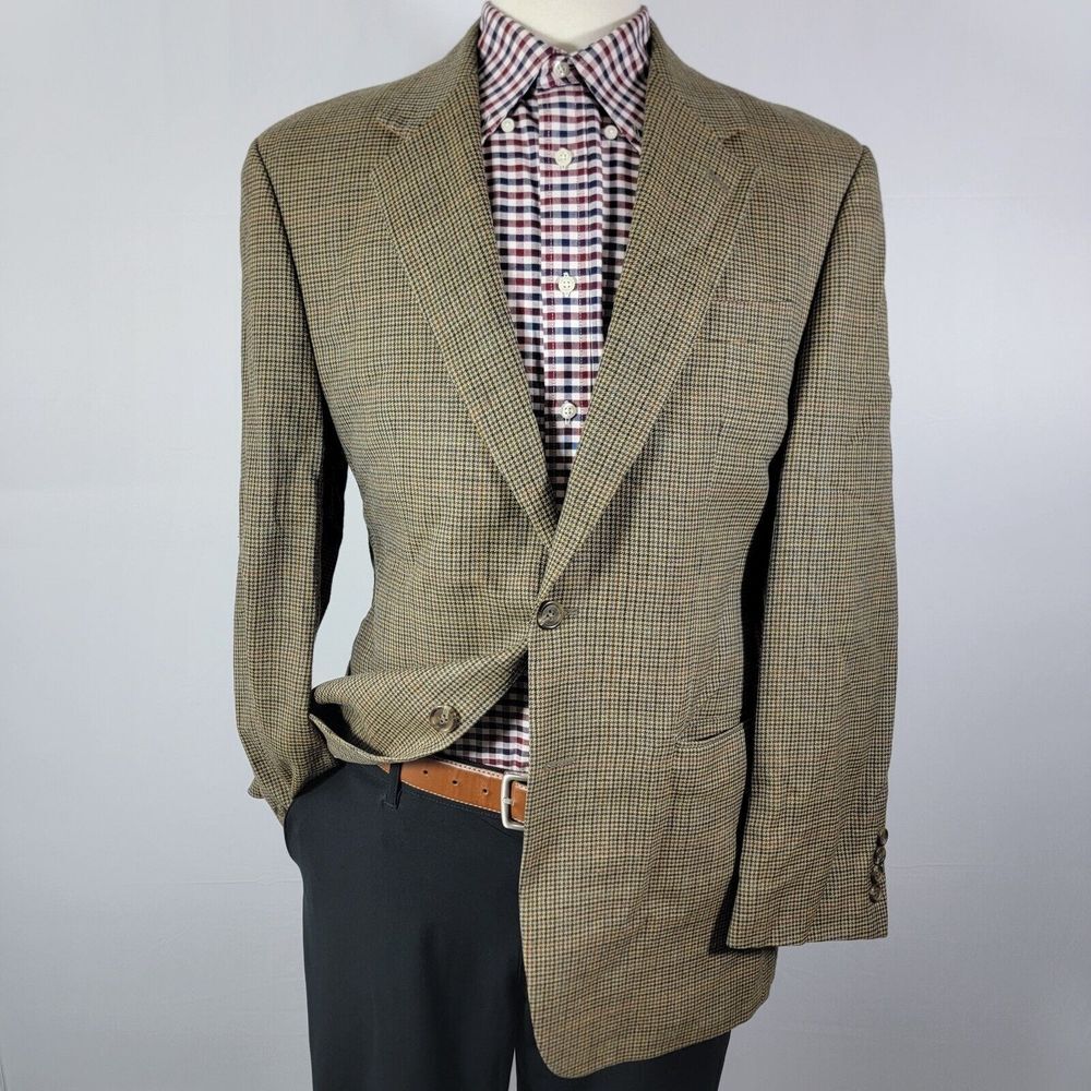 Chaps Men's‎ Sport Coat Blazer Two Button Brown Houndstooth Silk Wool 40R